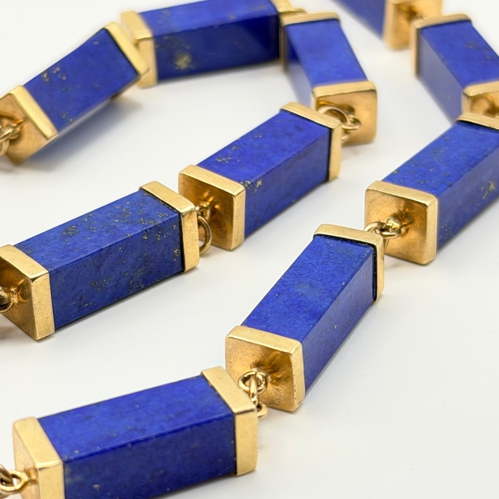 Vintage Genuine Blue Lapis Lazuli & 14K Solid Gold Station Necklace 35” 113.96g